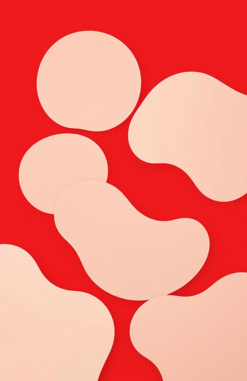 A collection of old, minimalist shapes with smooth lines and simple forms set against a solid red background