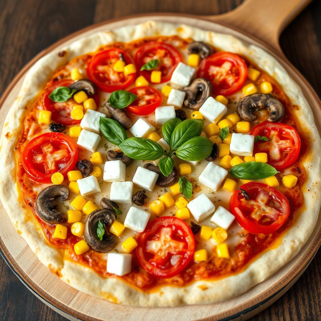 A mouthwatering pizza topped with juicy tomatoes, sweet corn kernels, earthy mushrooms, and soft paneer cubes, all layered beneath a generous stretch of melted mozzarella cheese