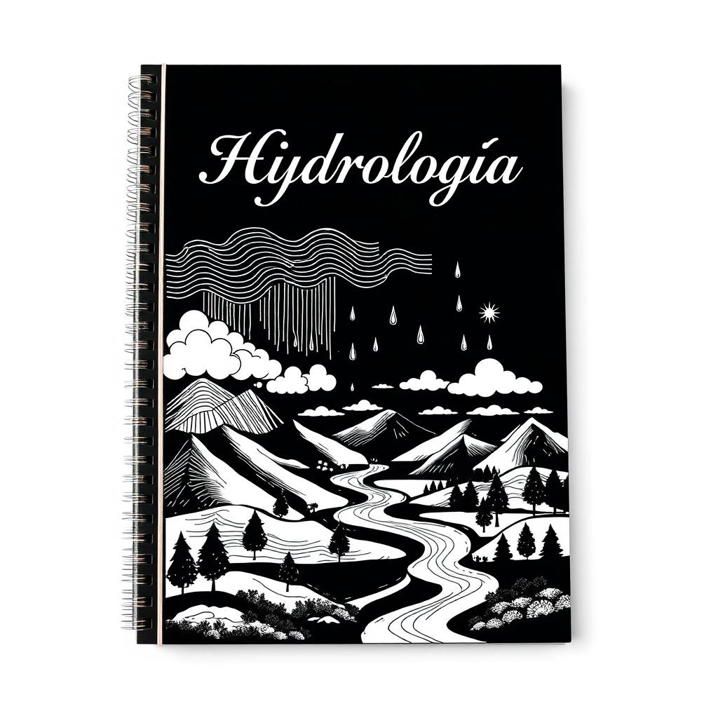 A striking black and white cover design for a notebook themed around hydrology