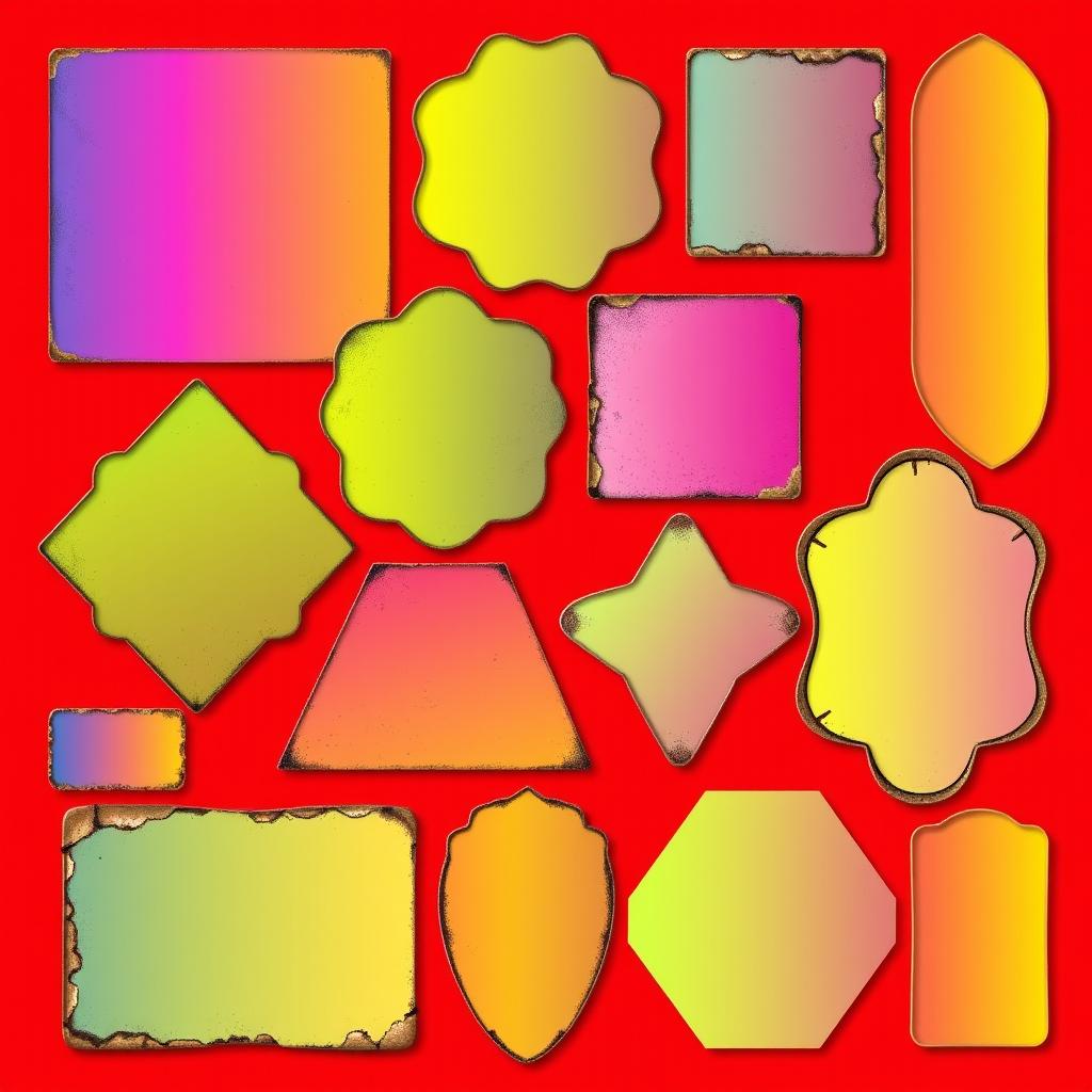 A collection of old, vintage-inspired shapes featuring a vibrant gradient of many colors, beautifully transitioning from one hue to another