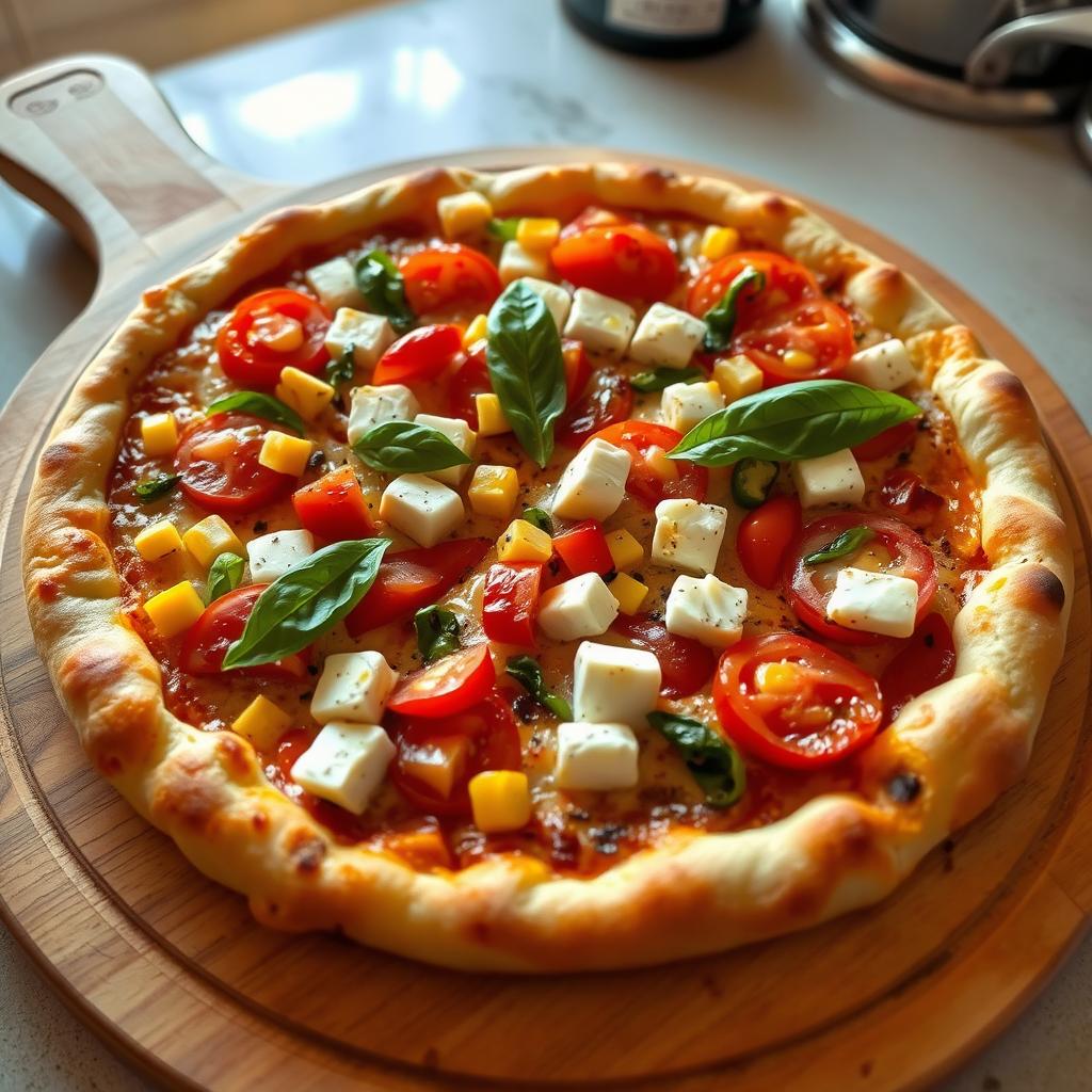 A delicious pizza featuring a vibrant array of toppings, including juicy, ripe tomatoes, soft paneer cubes that add a creamy texture, sweet and tender corn kernels, crunchy green and red capsicum slices, and fresh onion rings, all harmoniously paired under a generous layer of gooey melted mozzarella cheese for an irresistible flavor