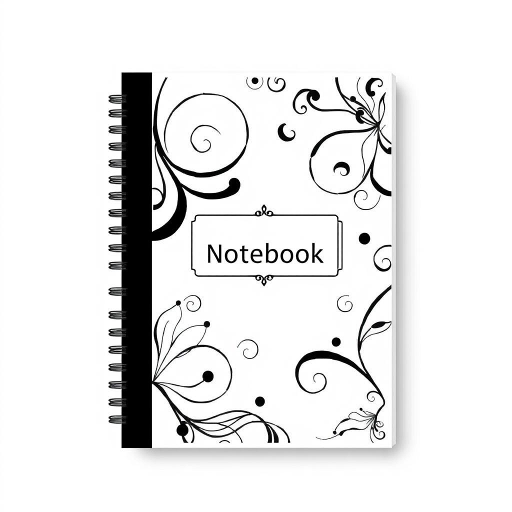 A stylish black and white cover design for a notebook, featuring artistic elements and unique patterns
