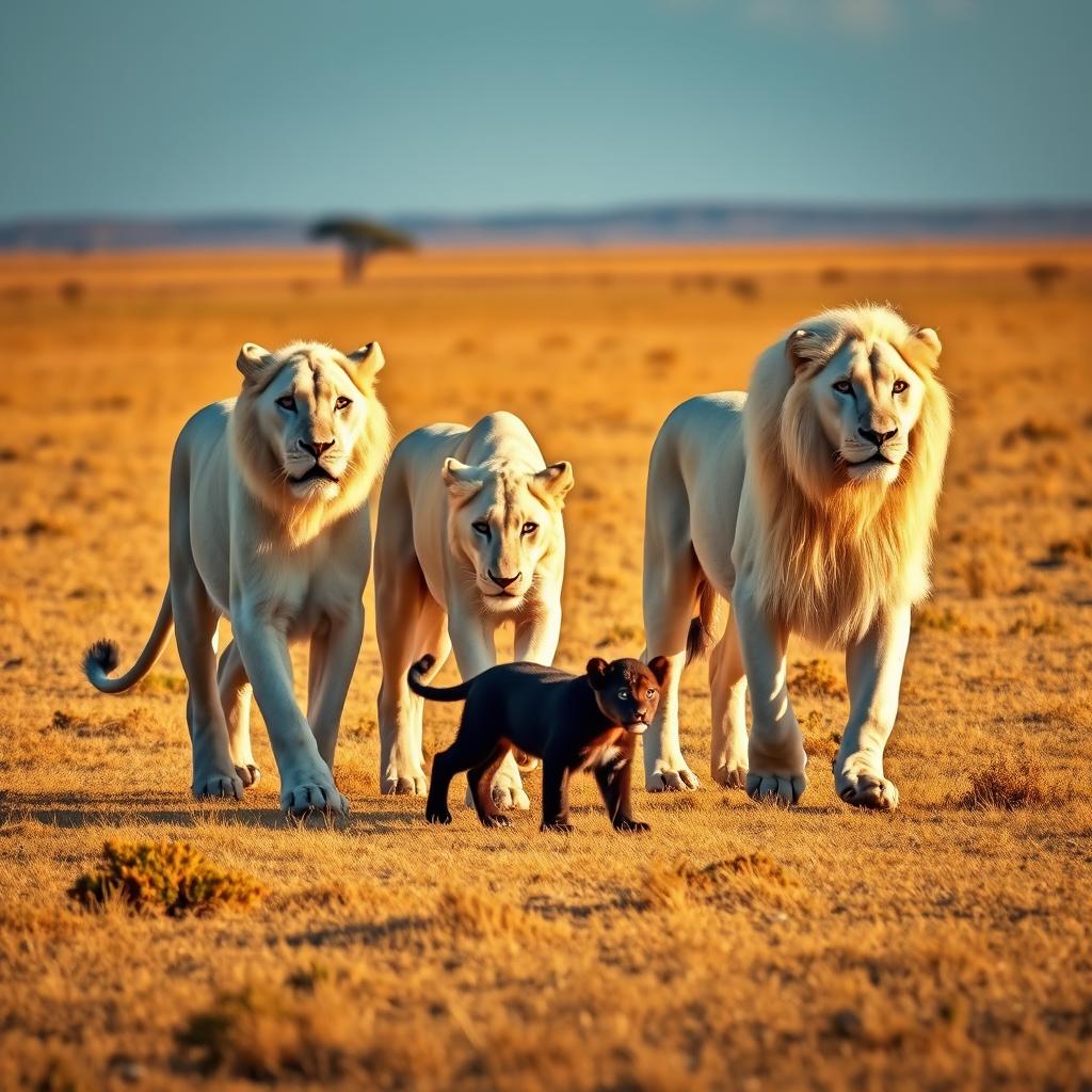 Three majestic white lionesses walking elegantly alongside a playful black lion cub across a vast, golden plain