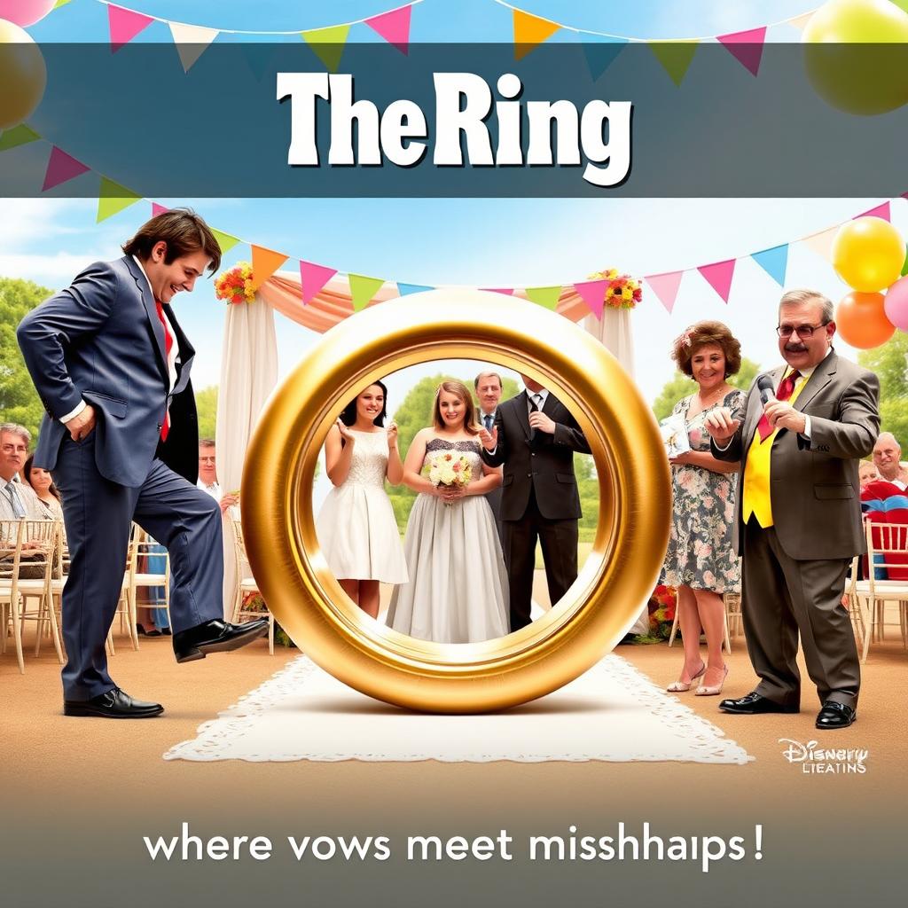 A comedy movie poster titled "The Ring" showcasing a whimsical scene centered around a large, comically oversized wedding ring
