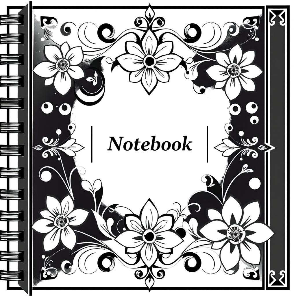 A visually striking black and white cover design for a notebook, incorporating a blend of modern and classic elements