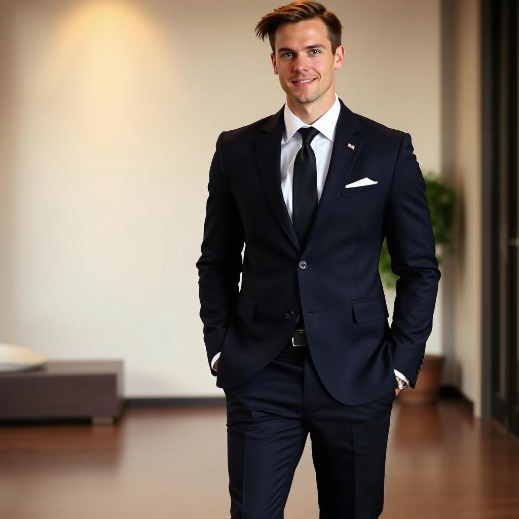A handsome man dressed in a formal dark navy suit and a crisp white dress shirt, complemented by a classic black tie