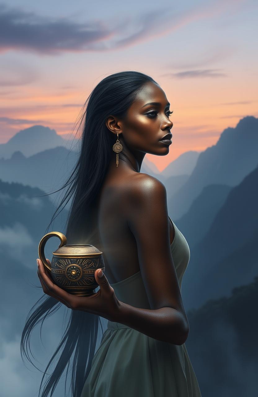 A fantasy book cover design showcasing a very tall, very thin, and beautiful Ethiopian woman with striking features