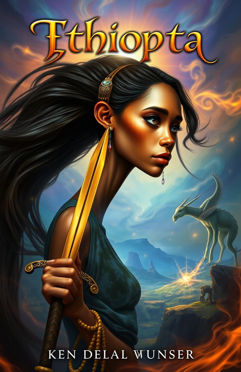 A fantasy book cover design featuring a very tall, very thin, beautiful Ethiopian woman with striking features and long hair, looking away with tears streaming down her face