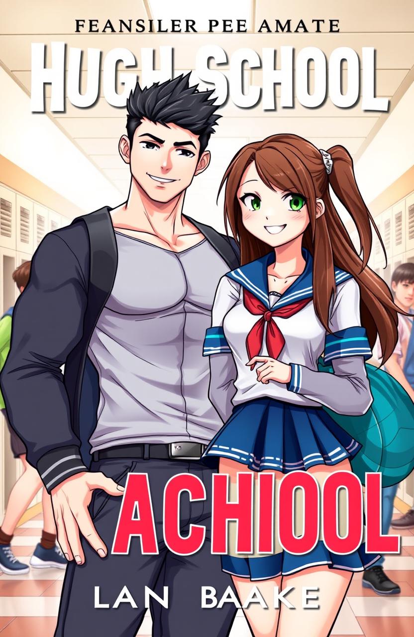 A dynamic and vibrant novel cover featuring a handsome muscular white guy with black hair wearing a high school uniform