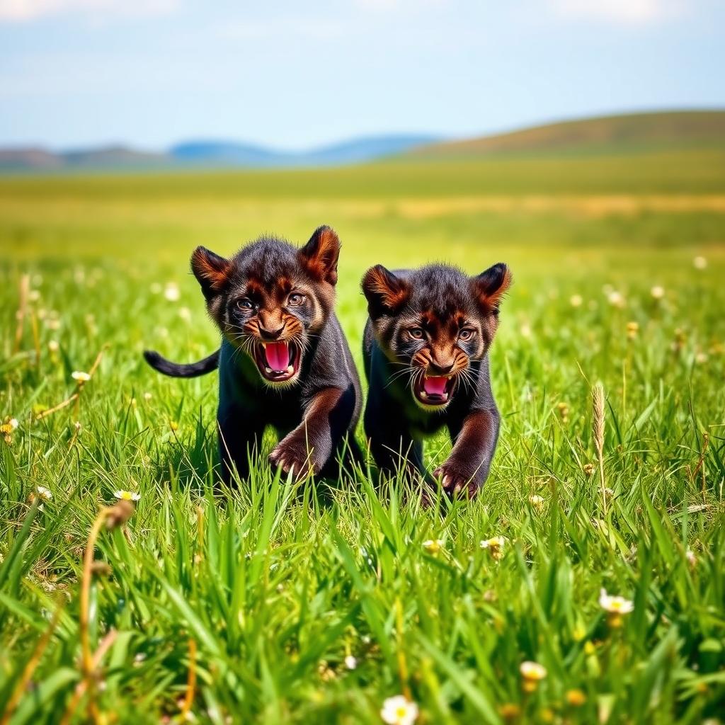Two spirited black lion cubs frolicking playfully in a vibrant green plain, their glossy fur glistening under the bright sun