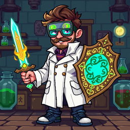 A detailed pixel art representation of a video game sprite depicting a scientist character
