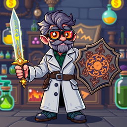 A detailed pixel art representation of a video game sprite depicting a scientist character