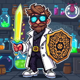 A detailed pixel art representation of a video game sprite depicting a scientist character