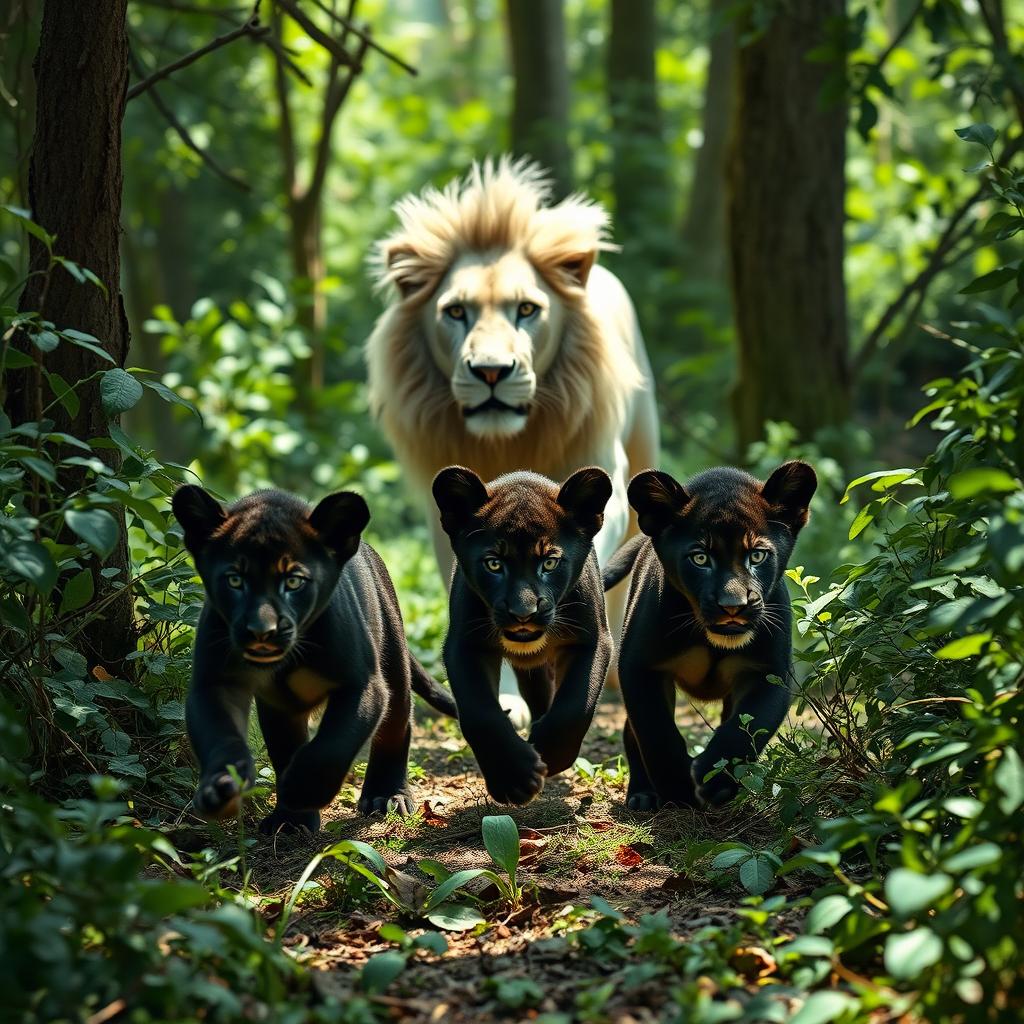 In a lush, vibrant forest, two playful black lion cubs are seen dashing through dense underbrush, their sleek fur glistening in the dappled sunlight