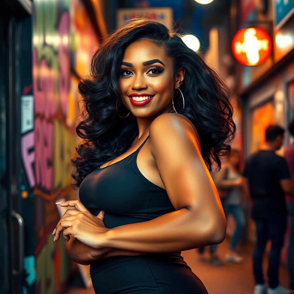 A captivating portrait of a confident woman with an impressive figure, emphasizing her bold and curvy silhouette
