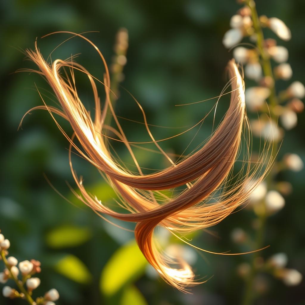 A single long, silky strand of hair gracefully swaying in the breeze, illuminated by soft, golden sunlight