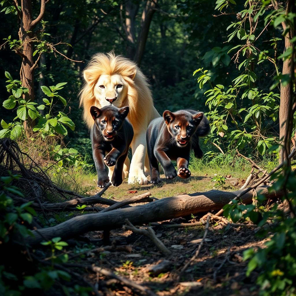 In a dense, vibrant forest, two energetic black lion cubs are playfully causing chaos, leaping and bounding over fallen branches and through the underbrush
