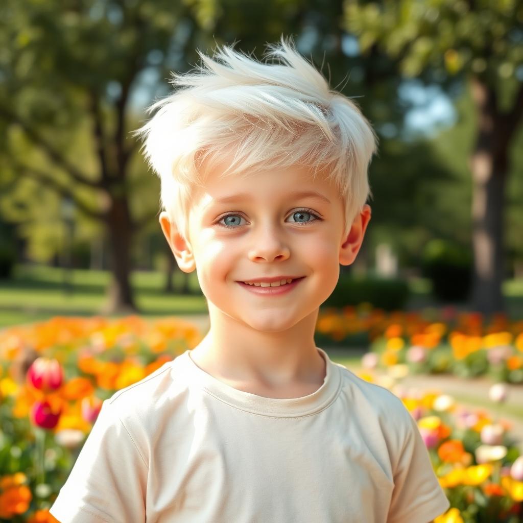 A portrait of a young boy with striking white blonde hair