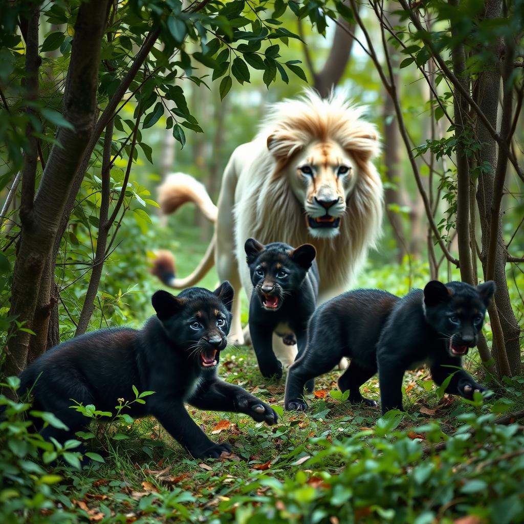 In a dense, enchanting forest, two black lion cubs are playfully causing mischief, their joyful giggles echoing through the trees as they frolic and scamper around