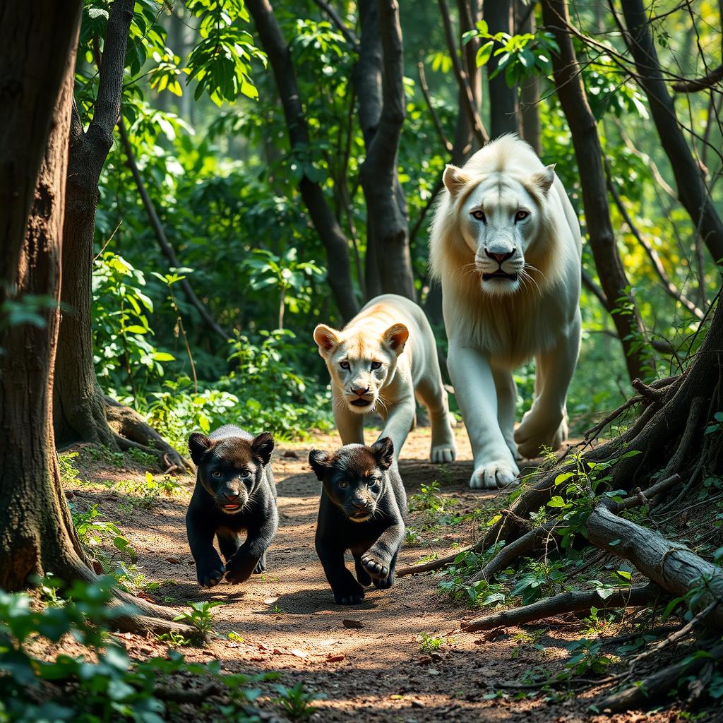 In a vibrant and dense forest, two playful black lion cubs are causing delightful chaos, sprinting energetically as they playfully flee from a majestic white male lion who is stalking them with a graceful yet intent demeanor
