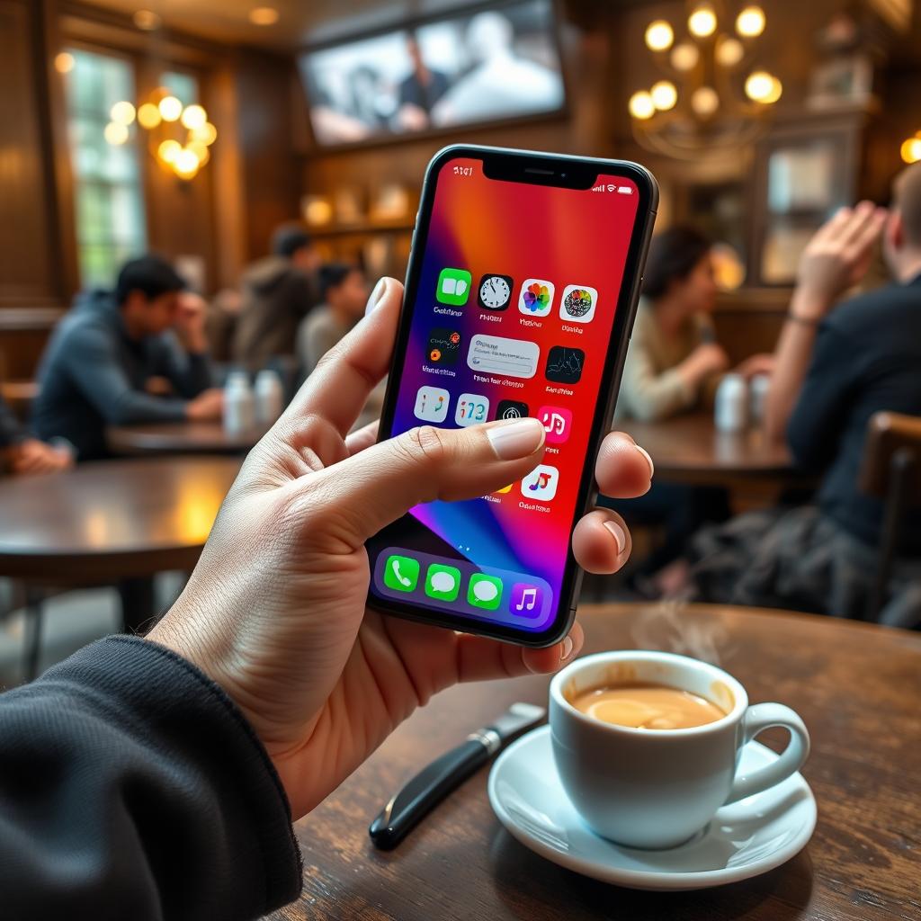 A close-up shot of a person holding an iPhone, showcasing the sleek design and vibrant screen with colorful app icons illuminated