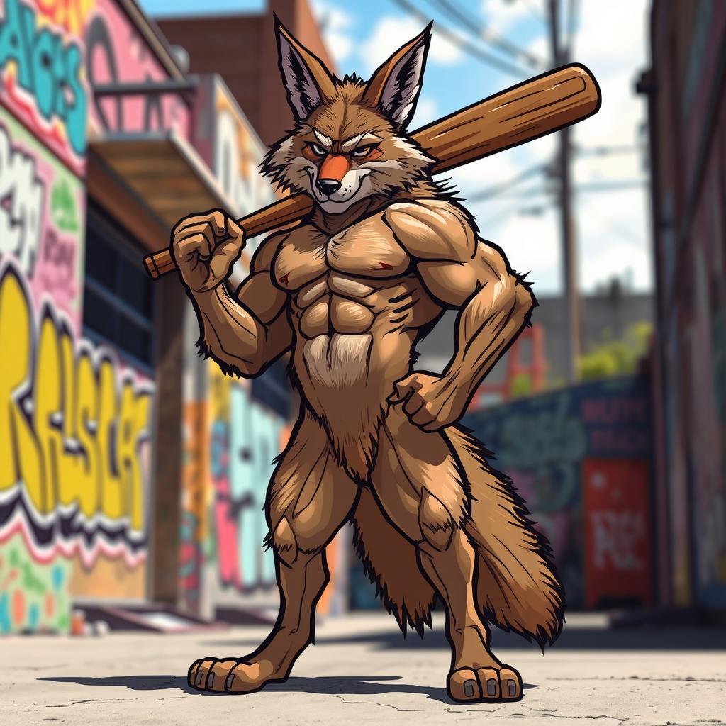 A strong, muscular coyote standing upright on two legs, showcasing a well-defined physique