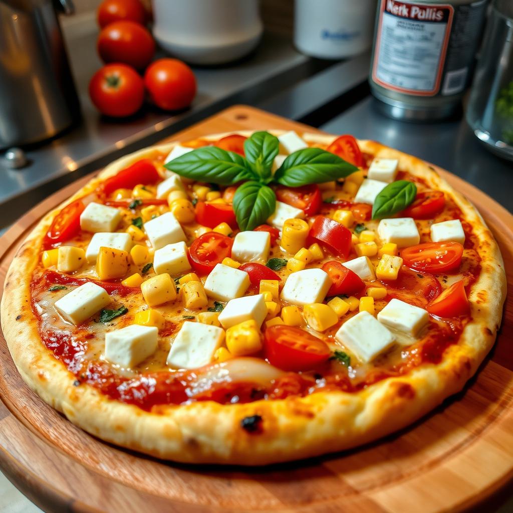 A mouthwatering pizza topped with succulent, juicy tomatoes, soft and creamy paneer cubes, sweet and tender corn, crunchy capsicum (bell peppers) in vibrant hues, and fresh onion slices, all generously layered under a melting blanket of rich mozzarella cheese for an irresistible flavor explosion