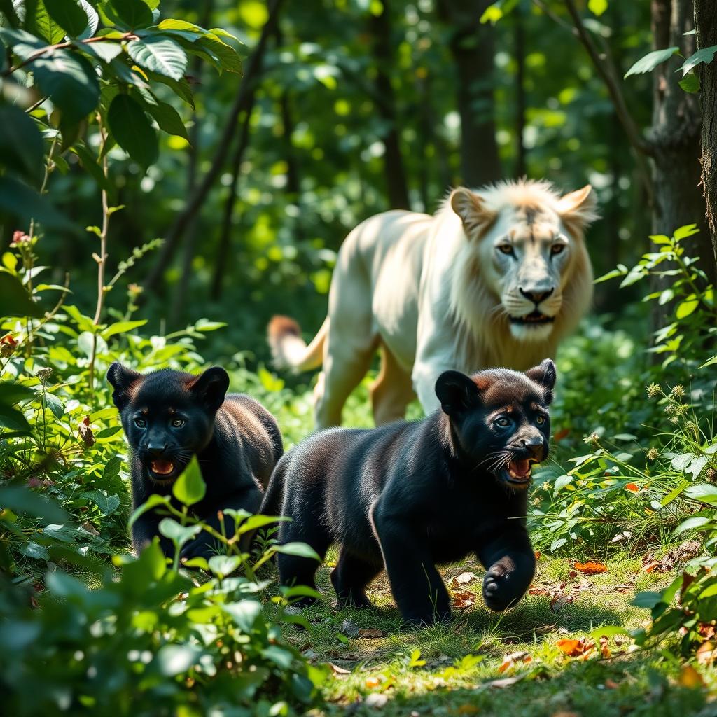 In a lush and vibrant forest, two playful black lion cubs are causing delightful havoc, their laughter ringing out as they dash through the underbrush