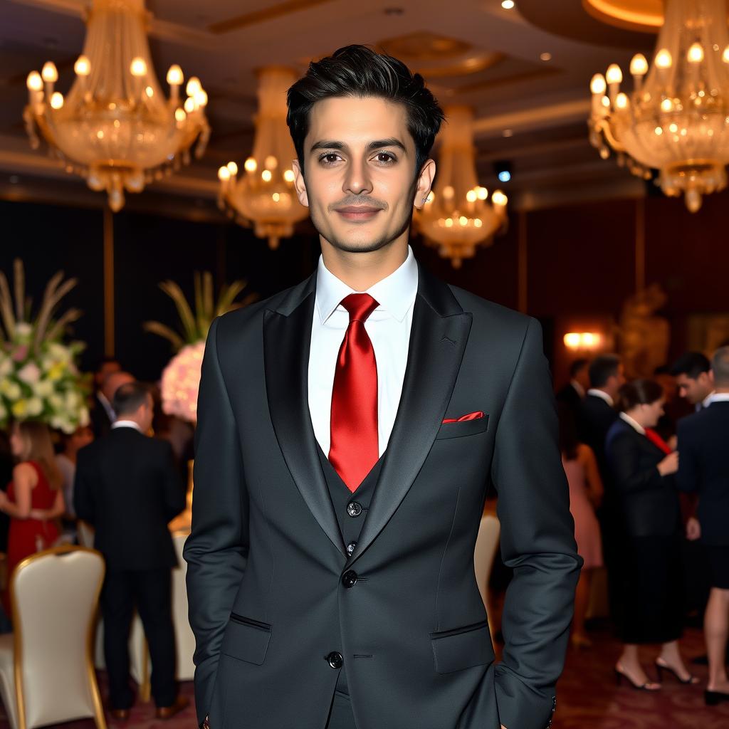 A person elegantly dressed in a sleek black suit paired with a striking red necktie, standing confidently at a luxurious event