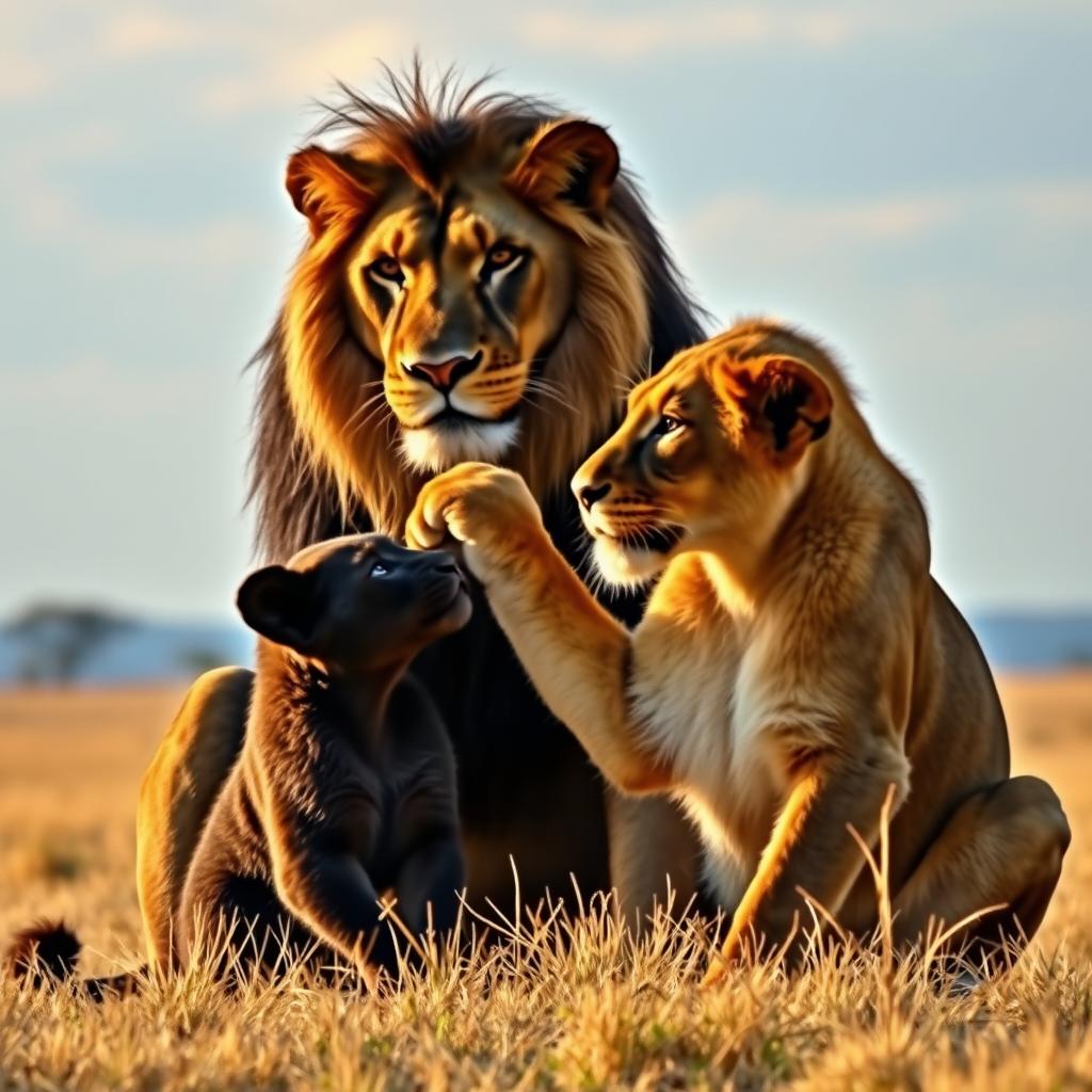 In a serene and picturesque savanna, a majestic black male lion sits proudly beside a cute black female lion