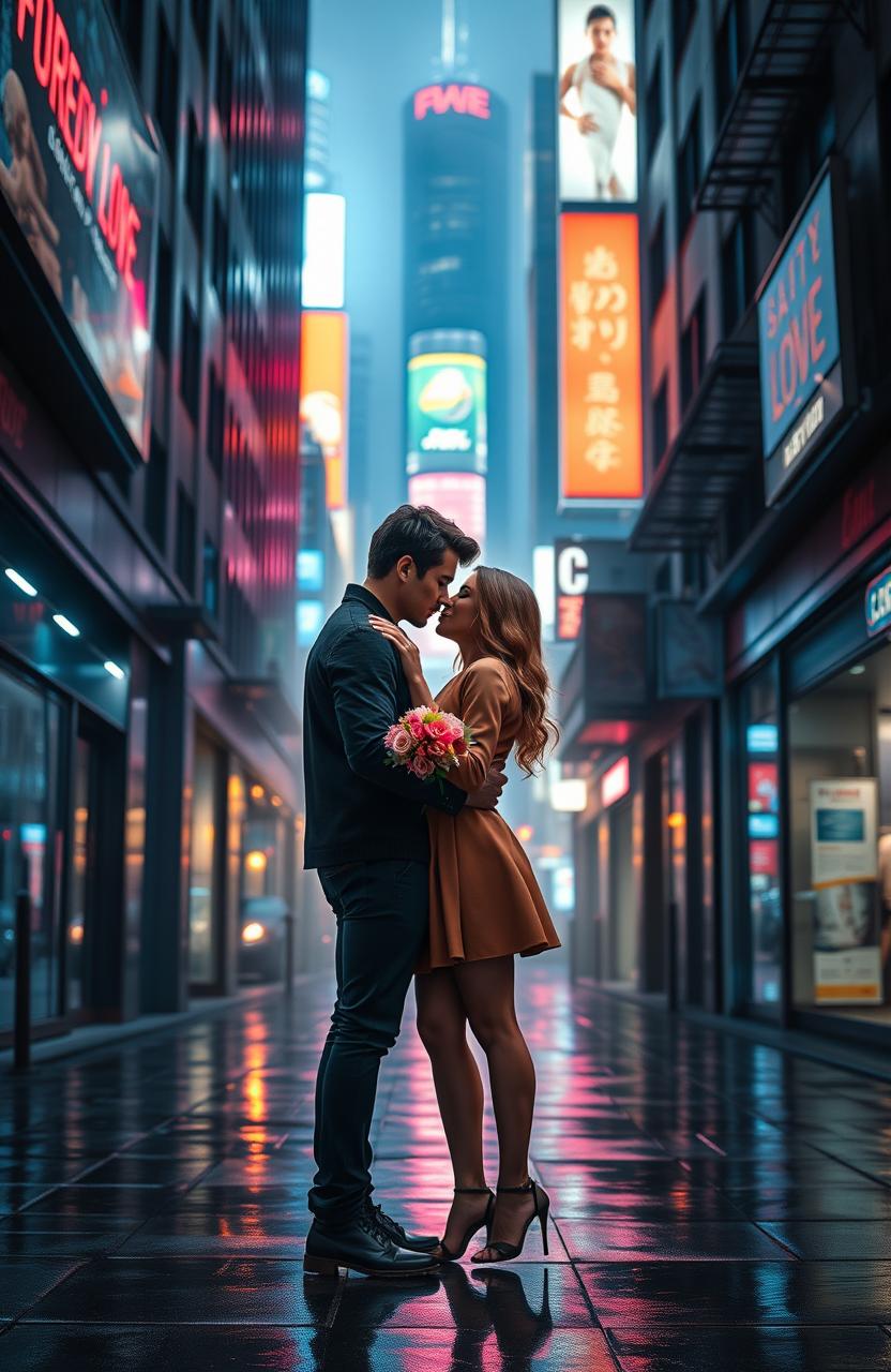 A romantic scene depicting a forbidden love in a modern cityscape