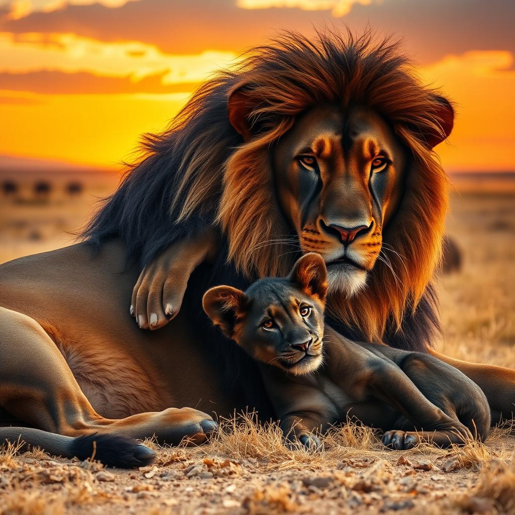 In a warm, golden-lit savanna setting, a majestic black male lion lies comfortably next to a cute black female lion, showcasing a moment of serene companionship
