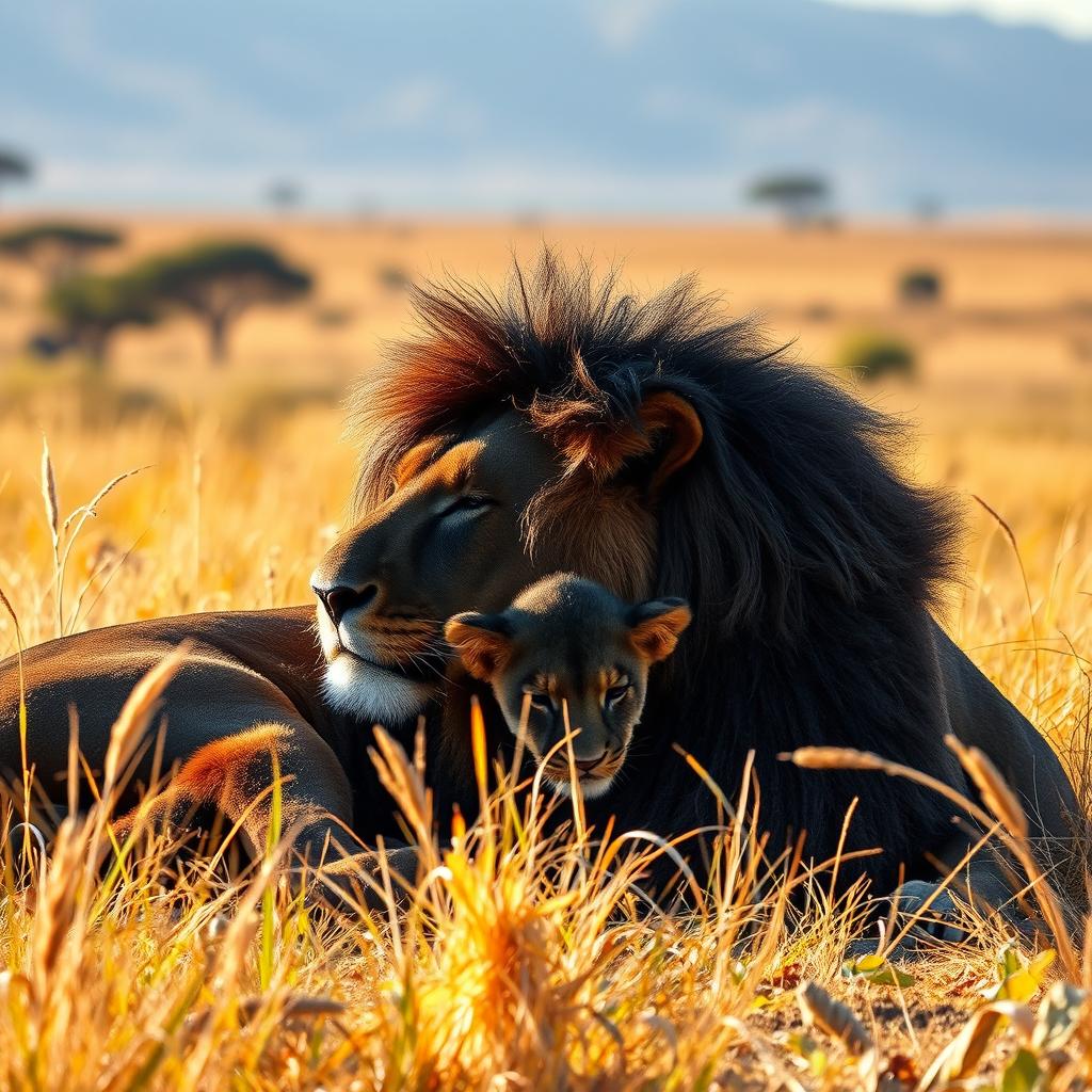 In a peaceful savanna landscape, a majestic black male lion sleeps soundly next to a cute black female lion