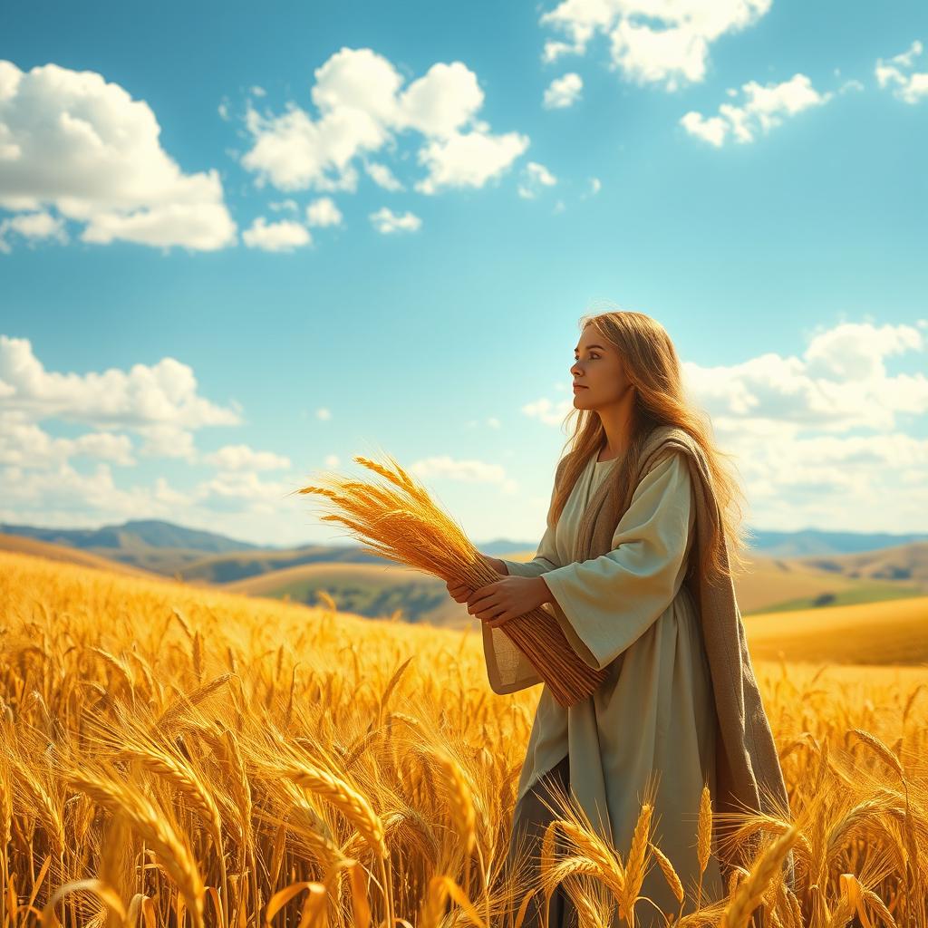 A serene and uplifting depiction of Ruth from the Bible, showing her in biblical attire as she gathers grain in a picturesque field, with golden wheat swaying in the gentle breeze