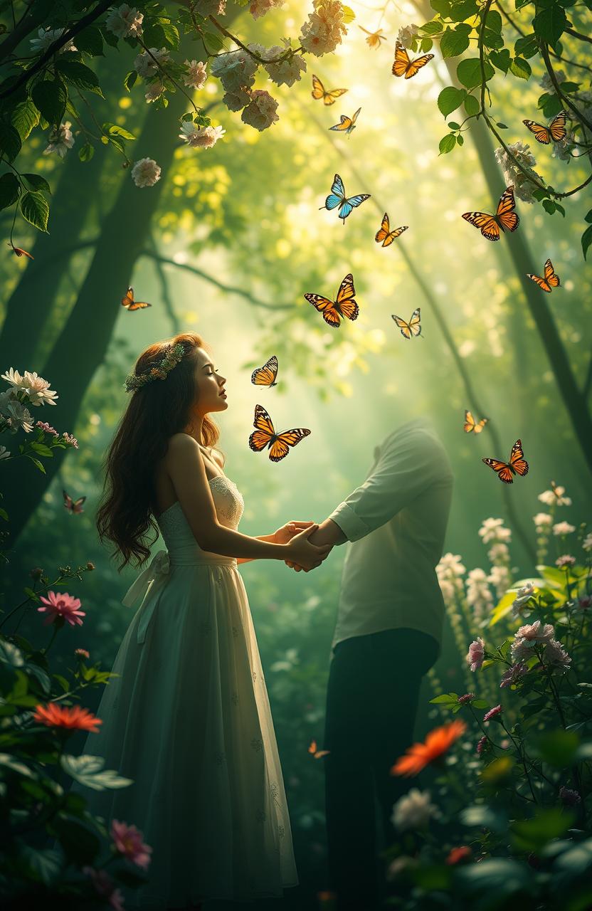 A passionate and secret romance between two lovers in a green, enchanting forest, surrounded by blooming flowers and soft sunlight filtering through the leaves