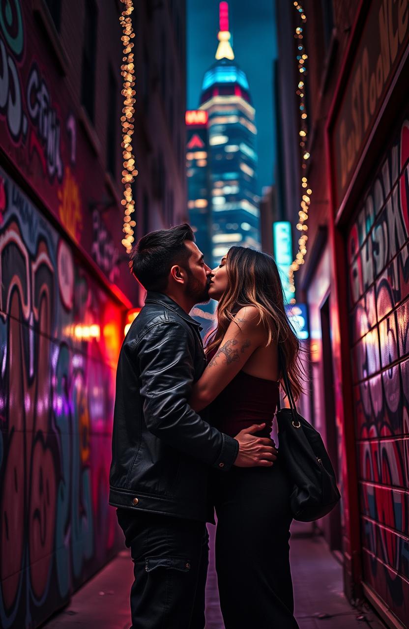 A romantic yet bittersweet scene set in an urban environment, depicting a couple stealing a passionate kiss in a dimly lit alleyway filled with vibrant graffiti
