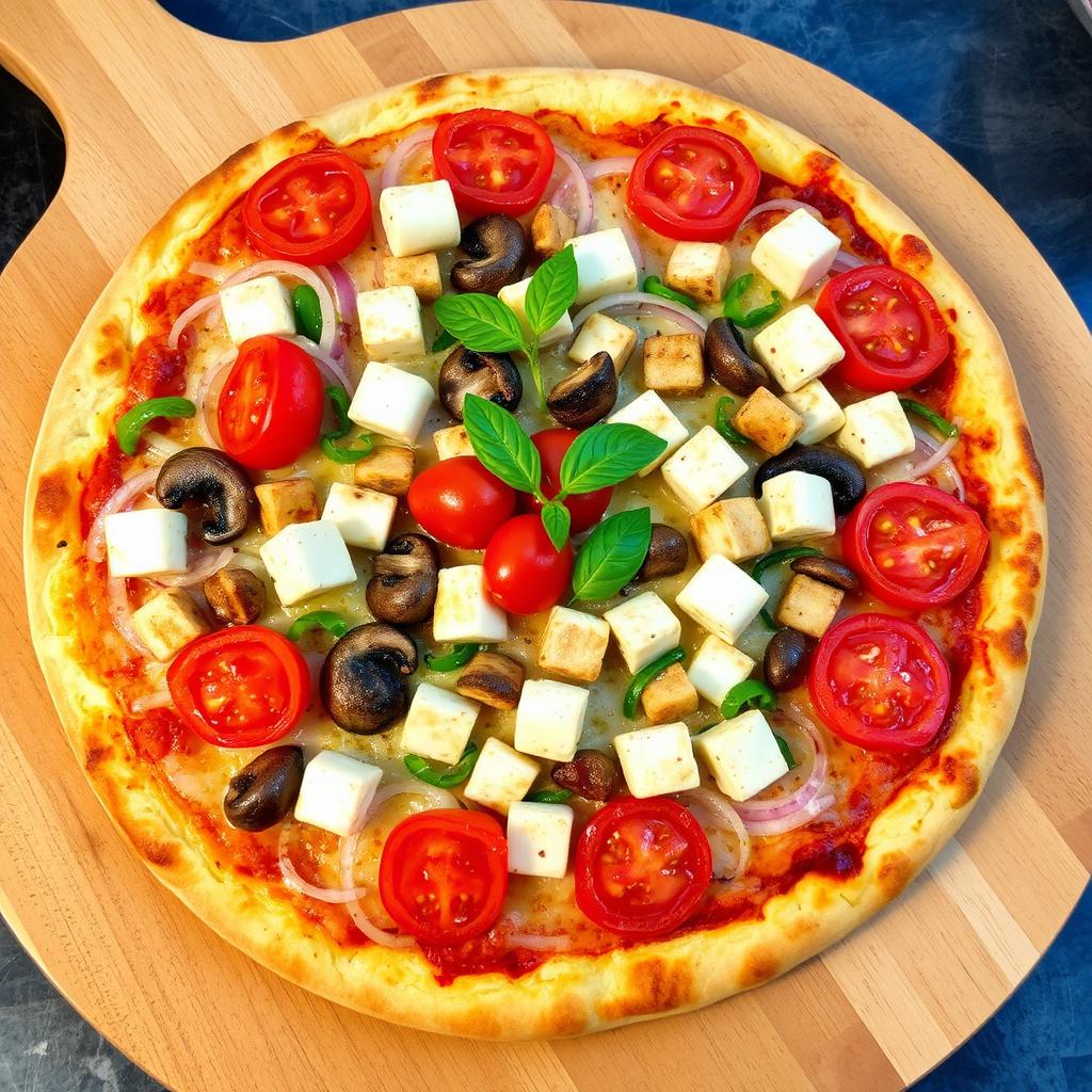 A mouth-watering pizza topped with fresh onions, tender mushrooms, creamy paneer cubes, and vibrant capsicum, all spread generously over a gooey, cheesy crust