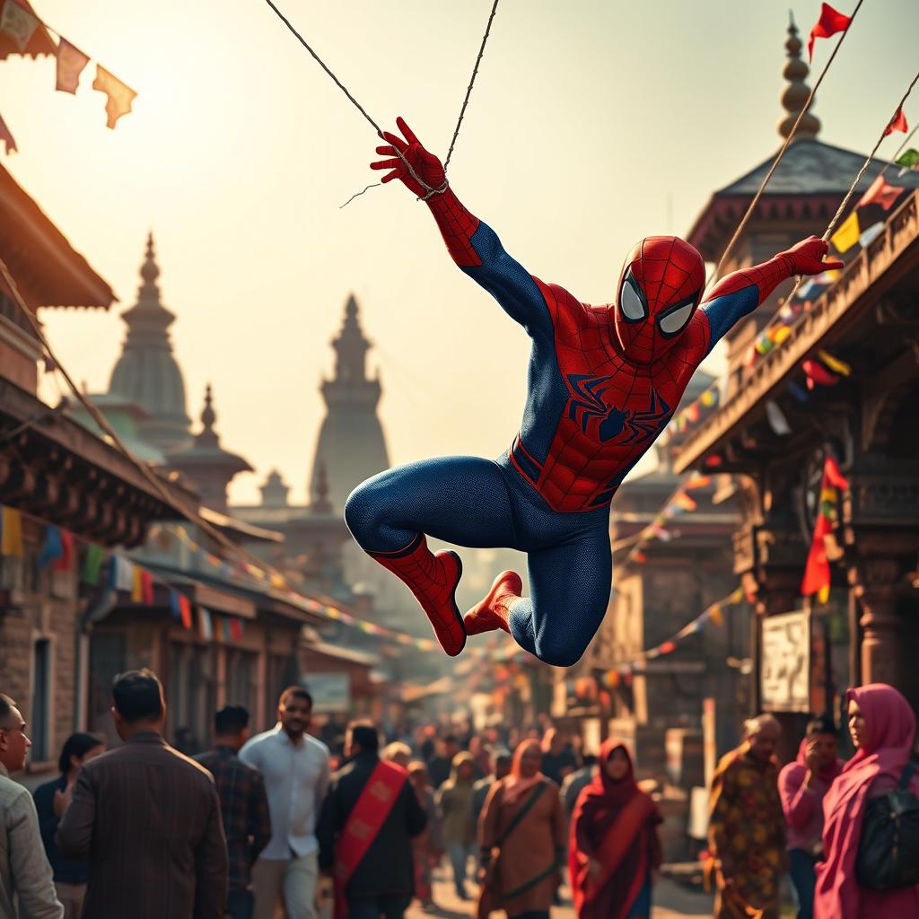 A vibrant scene depicting Spider-Man swinging through the bustling streets of Kathmandu, Nepal