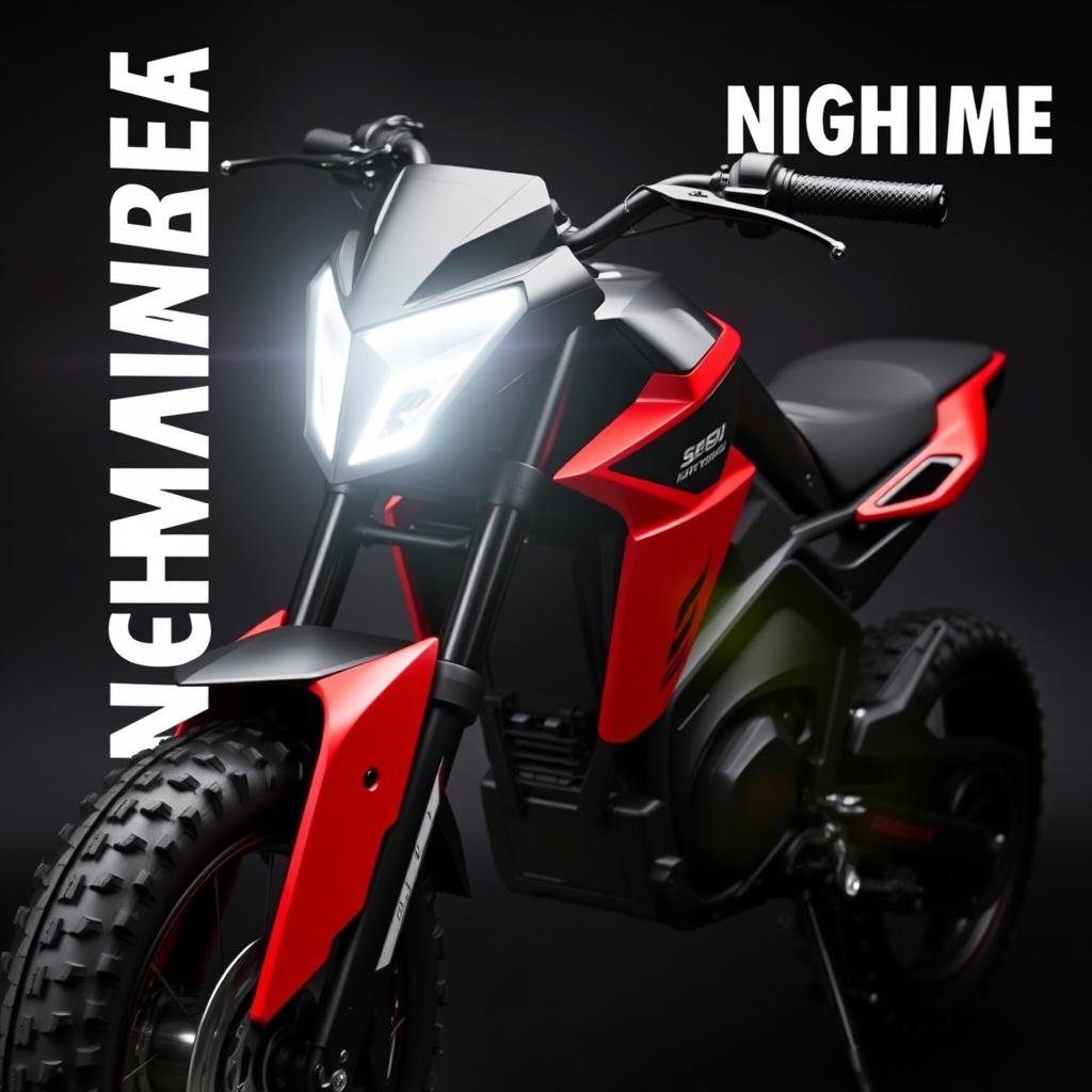 A unique electric pit bike featuring sharp contours and a sophisticated design, presented in a modern and fashionable color scheme of black and red