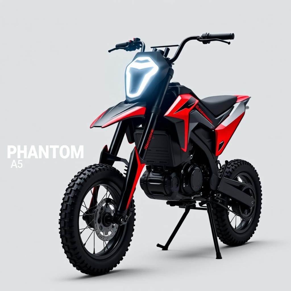 A unique electric pit bike with sharp contours, embodying a strict yet modern style in striking black and red colors