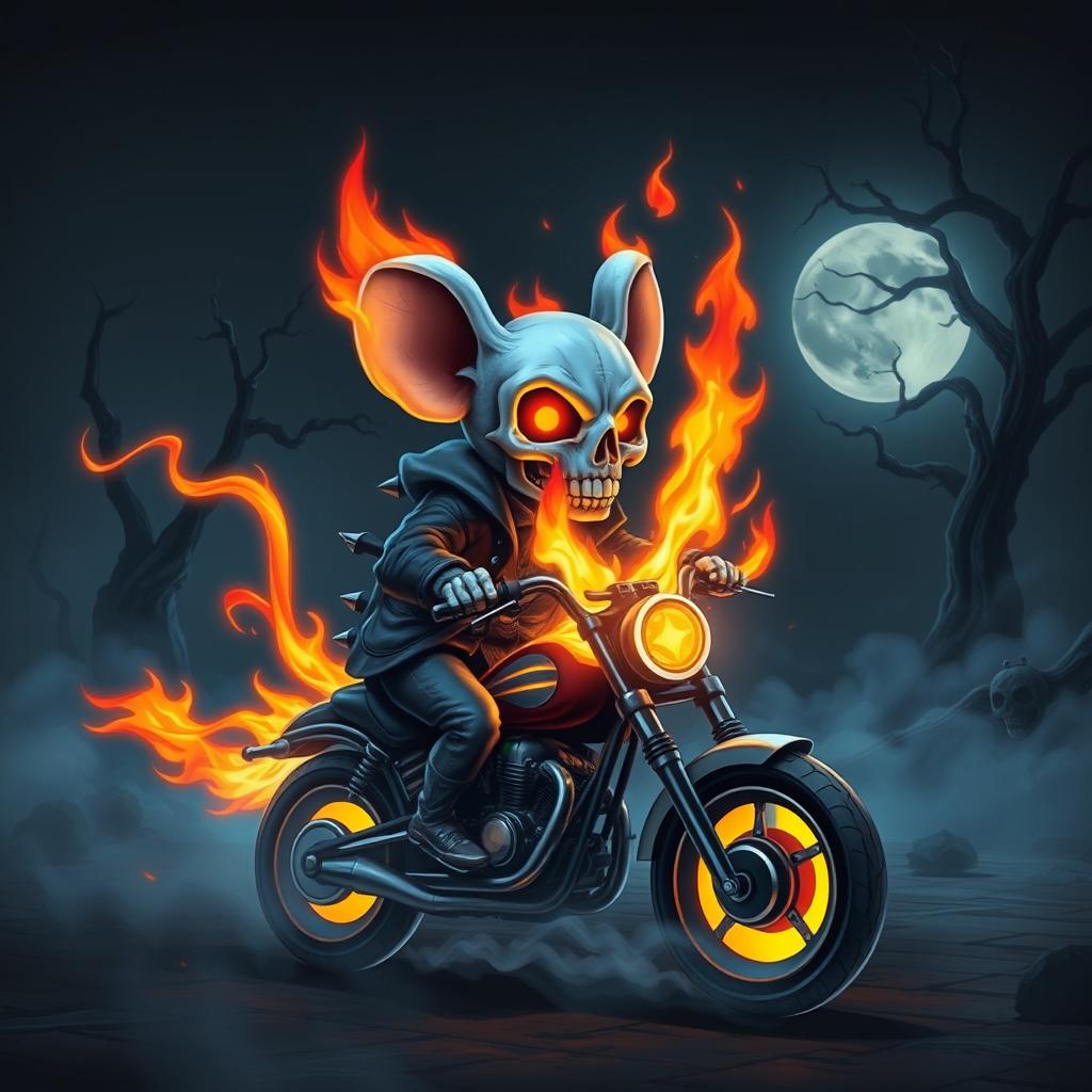 A stylized depiction of a ghostly mouse with a flaming skull for a head, embodying the spirit of Ghost Rider