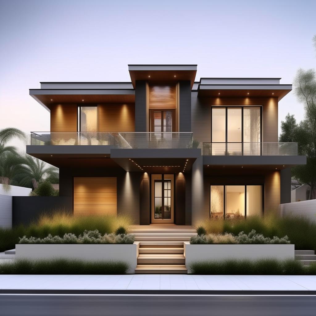 Create a highly detailed and realistic front elevation of a modern two-story house complete with landscaping.