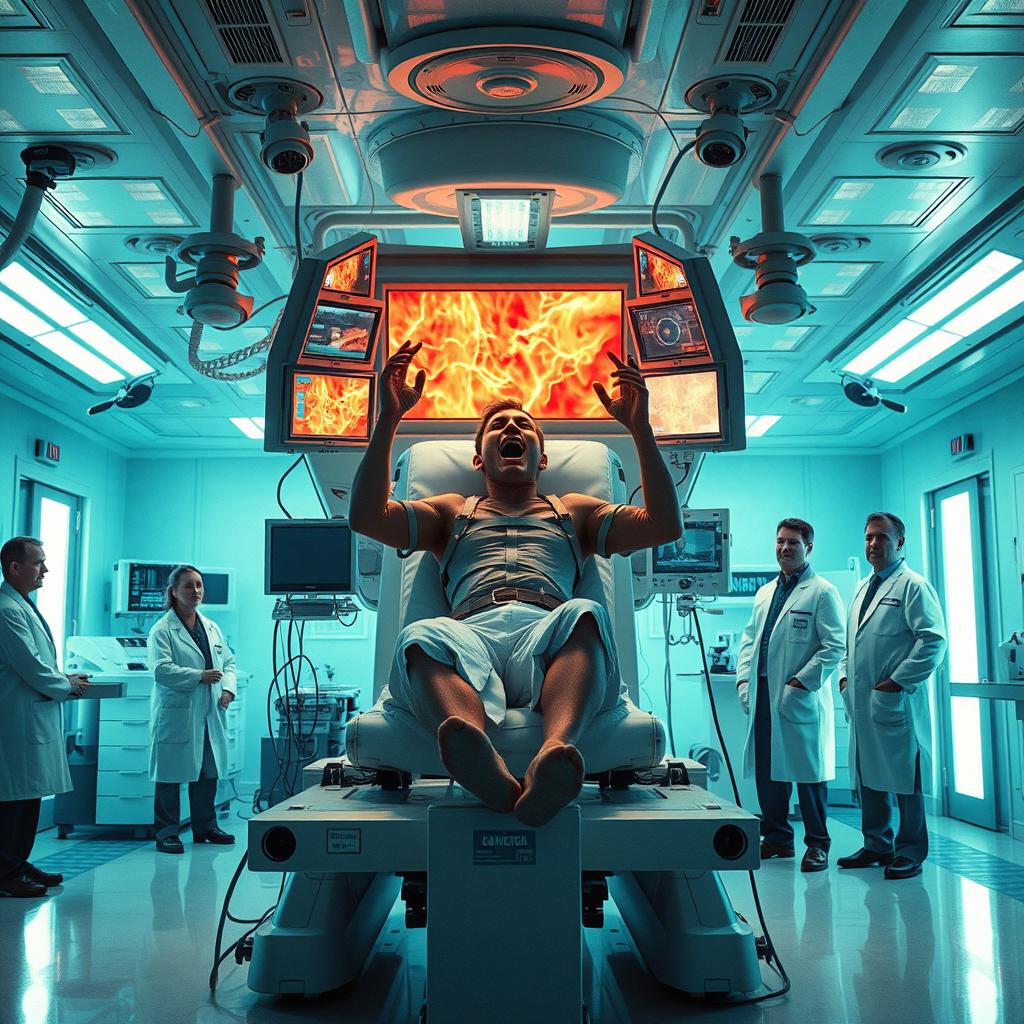 A surreal hospital room filled with bright, sterile lights