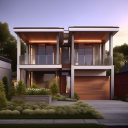 Create a highly detailed and realistic front elevation of a modern two-story house complete with landscaping.