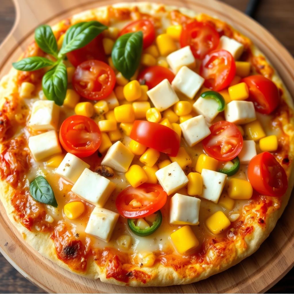 A delicious pizza topped with a perfect mix of fresh tomatoes, sweet corn, vibrant capsicum (bell peppers), and soft paneer cubes, all layered on a cheesy, golden crust