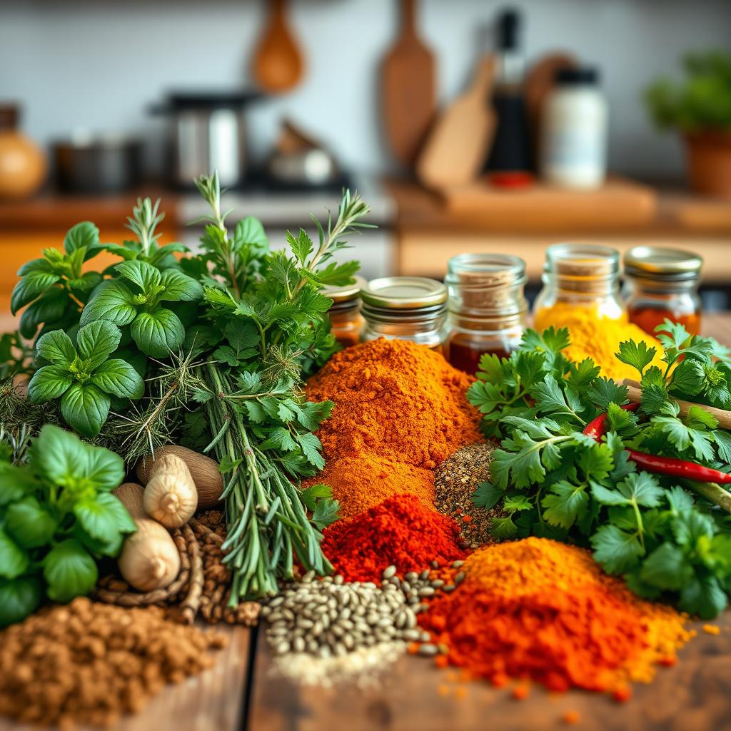 A vibrant and colorful array of various spices and herbs, beautifully arranged on a rustic wooden table