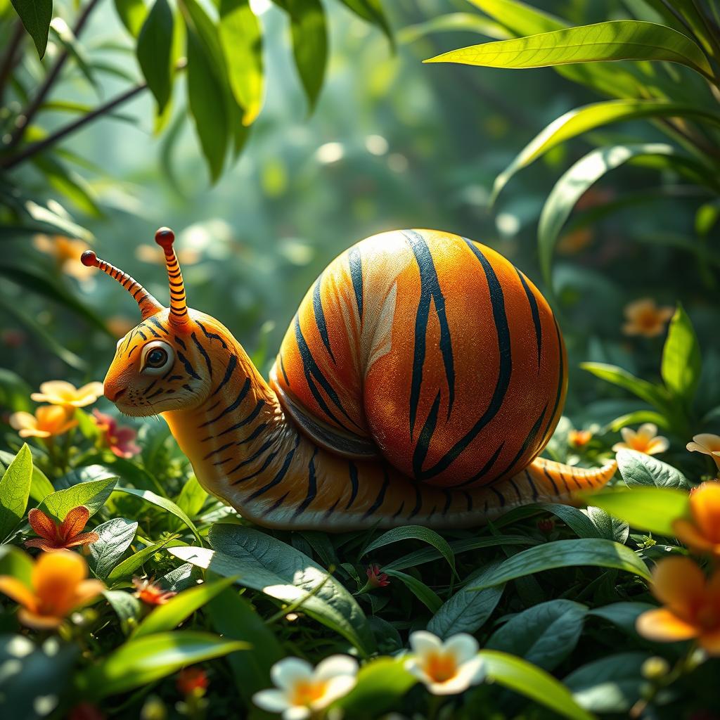 A fantastical snail with the body of a tiger, featuring vibrant orange and black stripes and a shiny, iridescent shell that resembles the texture of a tiger's fur