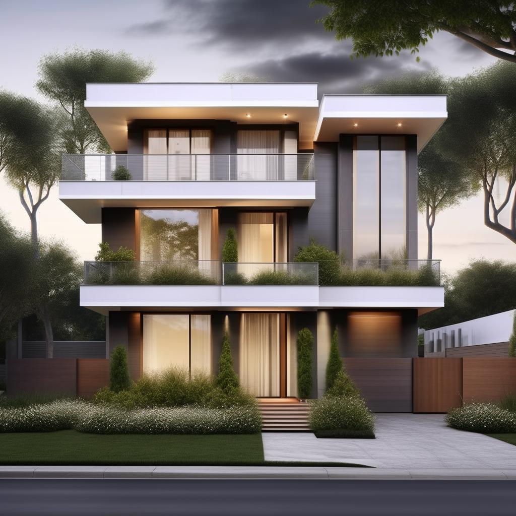 Create a highly detailed and realistic front elevation of a modern two-story house complete with landscaping.