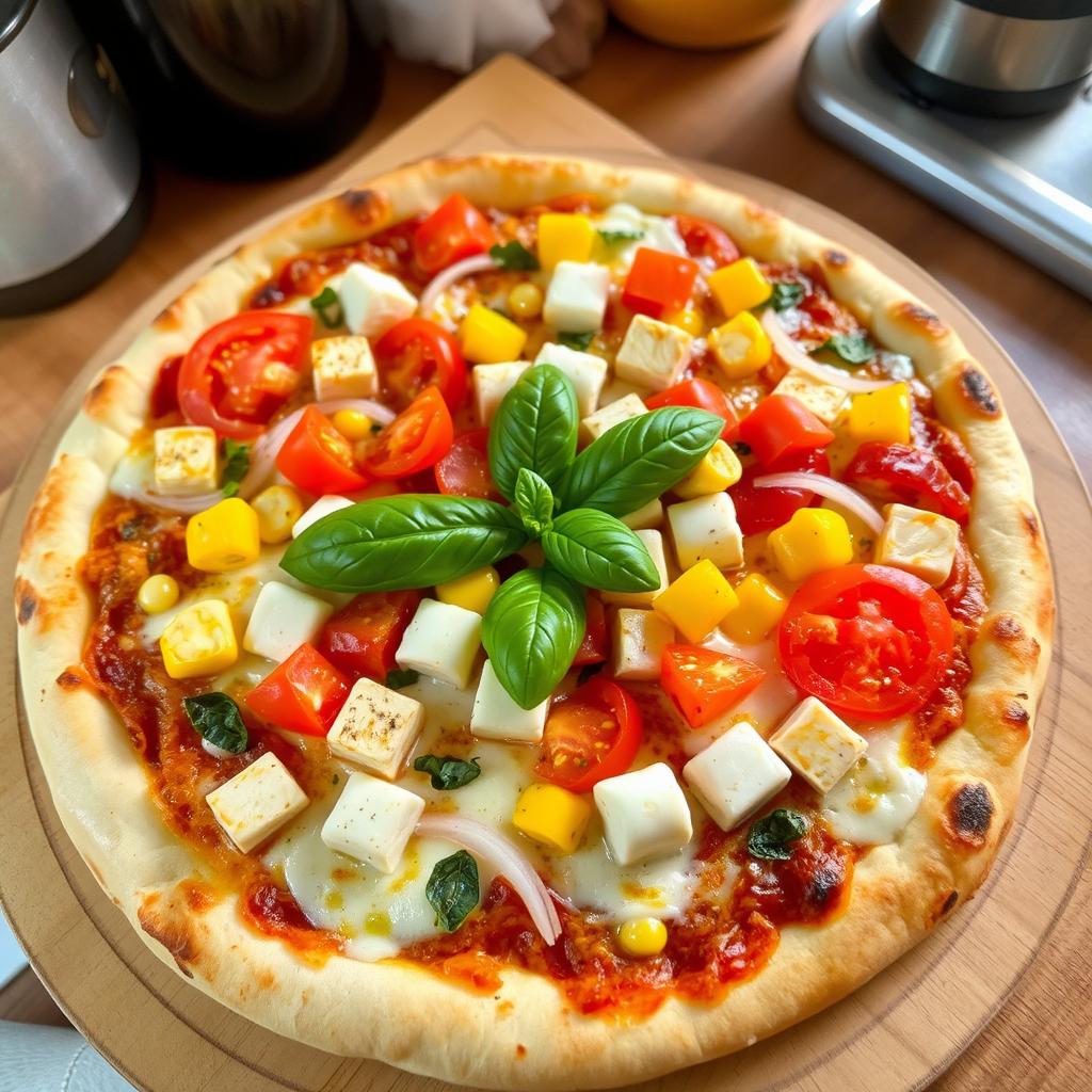 An enticing pizza crafted with a medley of fresh ingredients including juicy, vibrant tomatoes, soft, creamy paneer cubes, sweet, golden corn, crunchy, colorful capsicum (bell peppers), and slices of fresh onions