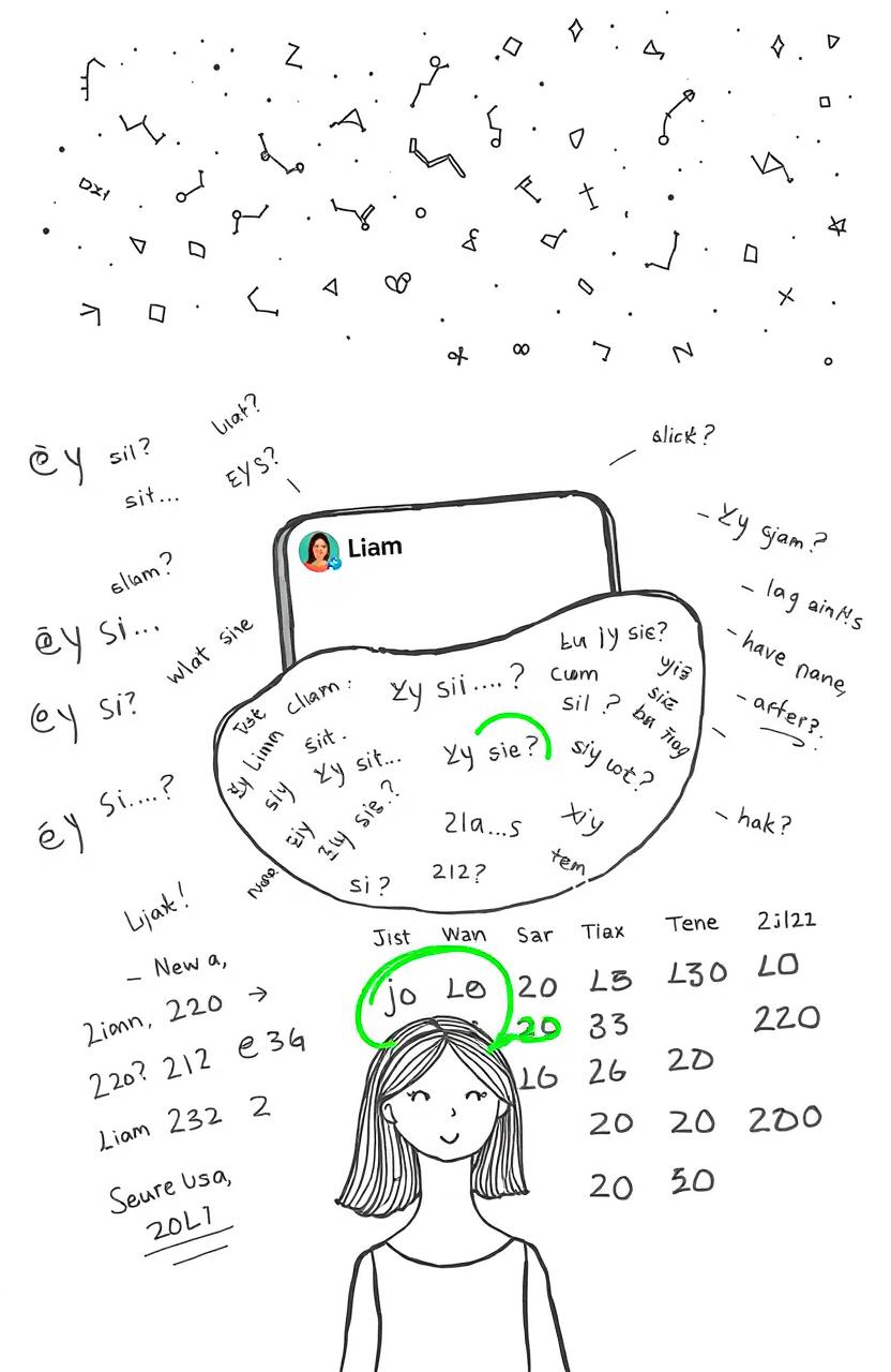 A Tinder chat screen showing the name 'Liam' prominently displayed, symbolizing the beginnings of a new connection